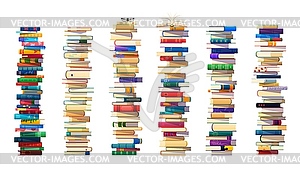 Высокие стопки книг в стопках, груды школьных учебников - клипарт в векторном виде