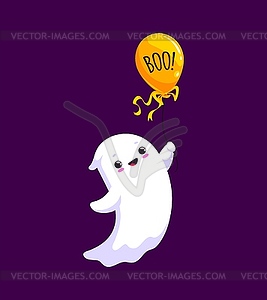 Мультяшный призрак каваи на Хэллоуин с воздушным шаром бу - рисунок в векторе