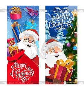 Christmas banners with Santa gifts, holiday tree - vector image