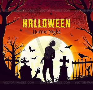 Halloween banner, zombie silhouette, flying bats - vector image