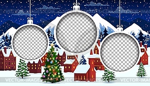 Christmas paper cut with baubles and winter town - vector clip art