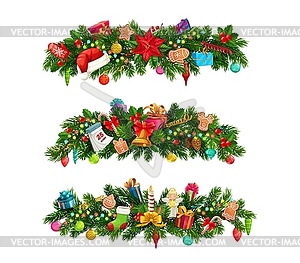 Christmas fir branches, Xmas tree garland borders - vector clipart