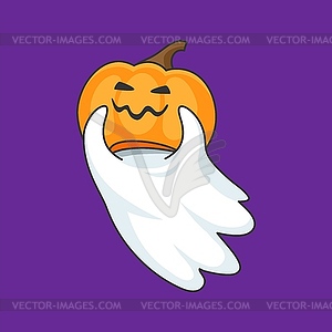 Cartoon kawaii Halloween ghost character, pumpkin - vector clipart