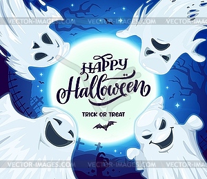 Cartoon funny Halloween ghosts on holiday banner - vector image