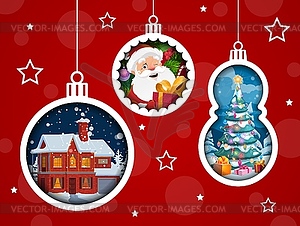 Christmas paper cut banner with holiday baubles - vector clipart