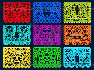 Праздничные флаги, вырезанные из мексиканской бумаги, papel picado - векторная иллюстрация