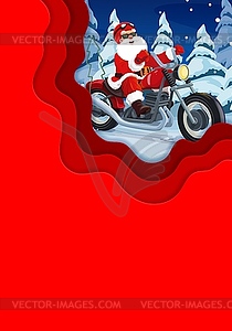 Christmas paper cut card with Santa on bike - vector image