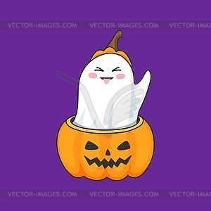 Halloween ghost, cartoon kawaii boo in pumpkin - vector clip art