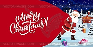 Christmas banner, cartoon santa with big gifts bag - vector image