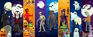 Halloween characters collage, monsters at cemetery - vector image