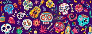 Dia De Los Muertos mexican holiday skulls, guitar - vector clip art