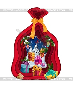 Christmas paper cut gifts bag, holiday pine tree - vector clipart