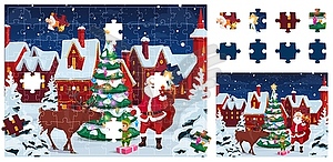 Jigsaw puzzle game pieces, Christmas landscape - vector image