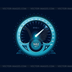 Speedometer neon dial, car speed gauge dashboard - vector image