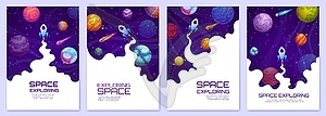 Landing page with cartoon space planets and rocket - vector image