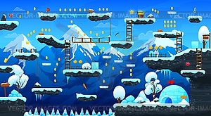 Карта уровней зимней игры, фоновый дизайн пользовательского интерфейса - изображение в векторном формате