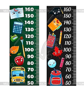 Kids height chart of school stationery characters - vector image