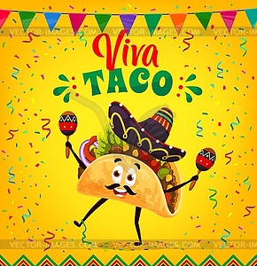 Cartoon mexican tacos character in sombrero hat - vector image