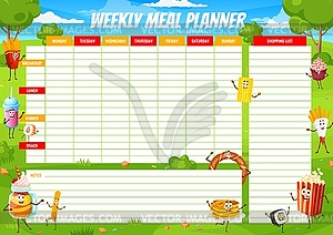 Weekly meal planner, cartoon fast food, desserts - vector clipart