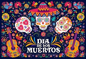 Dia De Los Muertos mexican skulls and guitars - vector clipart