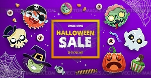 Halloween sale banner, cute holiday emoji faces - vector image