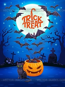 Halloween poster with holiday pumpkin on cemetery - vector image