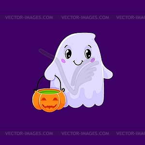 Cartoon cute Halloween kawaii ghost with pumpkin - vector image