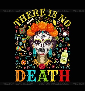 Mexican quote there is no death, Day of Dead skull - vector clipart