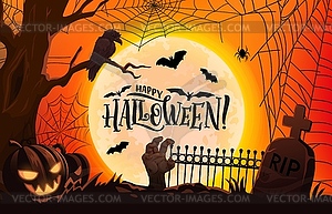 Halloween cemetery silhouette zombie hand, pumpkin - vector clipart