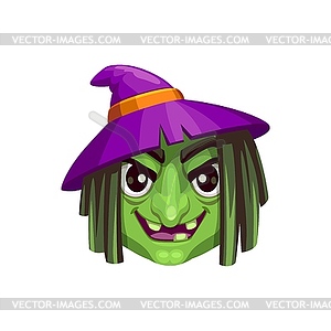 Cartoon witch halloween emoji, old evil hag face - vector image