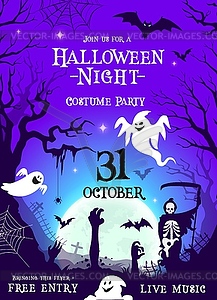 Halloween party flyer with cemetery, ghosts - vector image