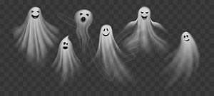 Realistic Halloween ghosts, cartoon poltergeist - vector clipart