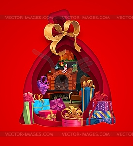 Christmas paper cut Santa gifts bag, 3d art - vector image