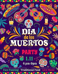 Day of Dead skulls, mexican holiday party flyer - vector clipart / vector image
