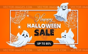 Halloween sale banner with kawaii ghosts, spiders - vector image