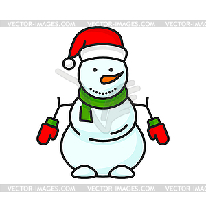 Cute Christmas snowman in hat, scarf and mittens - vector clip art