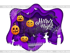 Баннер, вырезанный из бумаги на Хэллоуин, тыквы на кладбище - векторизованное изображение