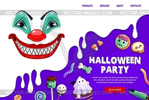 Halloween party landing page clown, holiday sweets - vector clip art