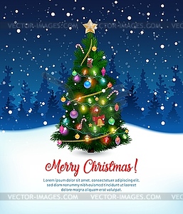 Christmas pine holiday tree in night winter forest - vector image