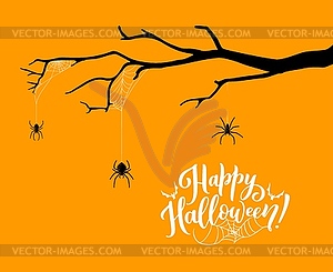 Праздник Хэллоуина пауки в паутине на ветке дерева - векторное изображение
