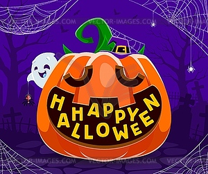 Halloween kawaii ghost, pumpkin, cobweb and spider - vector clip art