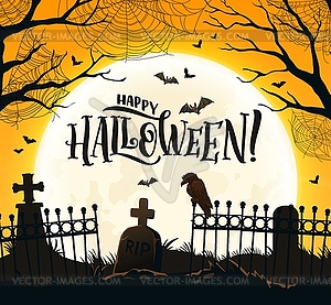 Баннер на Хэллоуин с силуэтом кладбища, ворон - векторный клипарт EPS