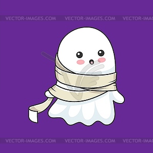 Cartoon kawaii Halloween ghost wear mummy costume - color vector clipart