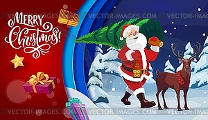 Christmas paper cut banner cartoon santa, deer - color vector clipart