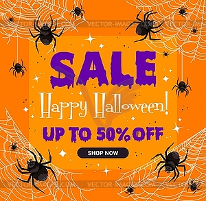 Halloween sale banner, cobweb spiders, discount - vector image