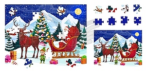 Christmas jigsaw puzzle game with Santa in sleigh - vector clipart