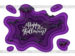 Halloween holiday paper cut poster, flying bats - vector image