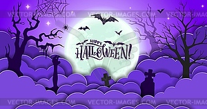 Halloween paper cut banner with cemetery, mist - vector clip art