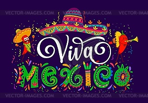 Viva Mexico banner with chili peppers and sombrero - vector image