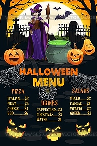Страница меню Хэллоуина с ведьмой, кладбищем, тыквами - клипарт Royalty-Free